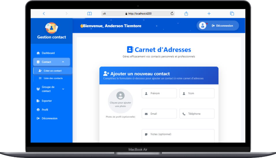 Interface de gestion des contacts